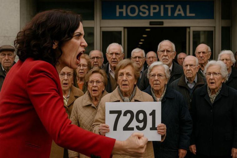 Isabel Díaz Ayuso enfurecida, de espaldas, grita a una multitud de ancianos y ancianas que salen de los hospitales con un letrero con un número visible en grande que pone 7291