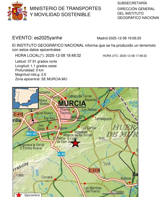 Terremoto leve en Murcia genera alarma, pero sin daños reportados